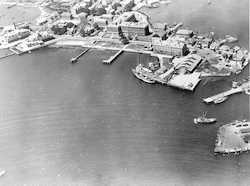 Aerial view of Woods Hole, Atlantis at dock