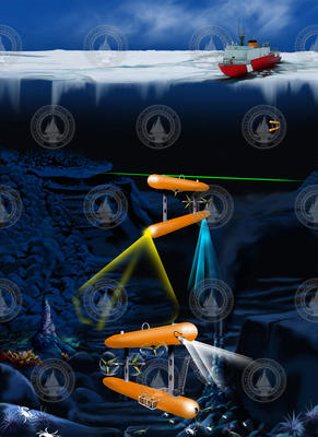 Illustration of AUV Puma and AUV Jaguar operating subsurface under ice.