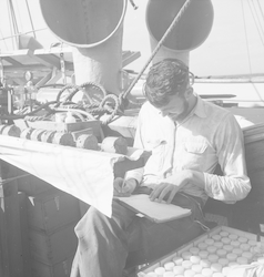 Conrad Neumann with core sample on Atlantis cruise 247.