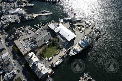 Aerial view of WHOI dock.  Atlantis is in the foreground and Oceanus in the background.