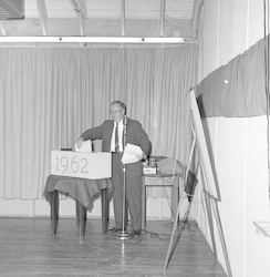 Noel McLean with replica of Redfield cornerstone.