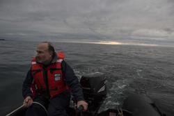 Alex Bocconcelli pilots a skiff during tagging operations off Chile.