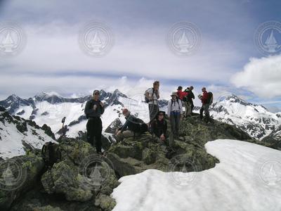 Geogynamics field trip participants on a mountain crest in the Alps.