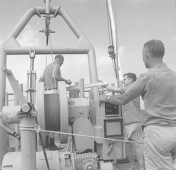 Group working on deck, towed thermistor gear