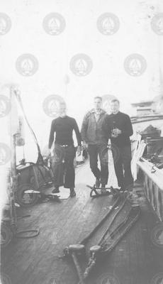Dan Merriman, Ed Yeomans and possibly Henry Bigelow on deck of R/V Atlantis.