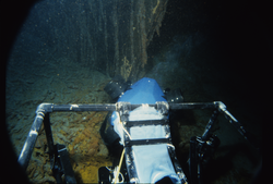 ROV Jason Jr. leaving its garage on DSV Alvin at the base of the bow of Titanic.
