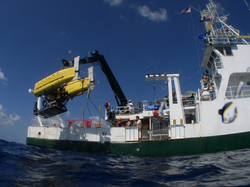 HROV Nereus suspended from R/V Cape Hatteras's crane during tests.