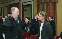 Ruth Curry (right) speaking with one of the guests at the briefing