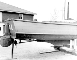 Stern view of Risk at Hilton's boatyard