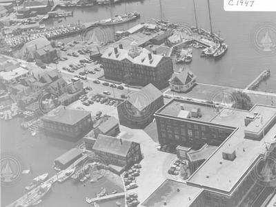 Aerial view of Water Street WHOI and MBL buildings and dock.