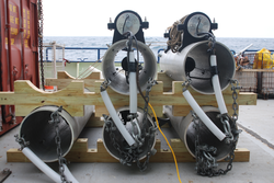 Sound generators stowed on the deck of R/V Knorr.