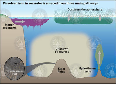 Illustration depicting sources of dissolved iron in seawater.