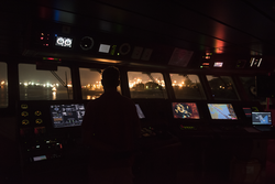 View of Panama Canal nighttime transit from the bridge of R/V Neil Armstrong.