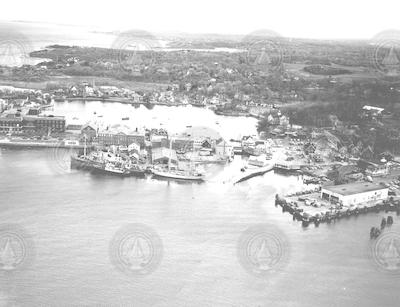 Aerial view of WHOI waterfront with Chain, Bear, and Atlantis