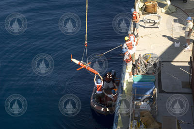Spray glider is recovered to the deck of R/V Knorr.