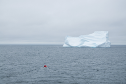 Researchers transit out to a large iceberg to take photos.