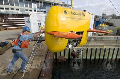 Rod Catanach testing Sentry at the WHOI dock.