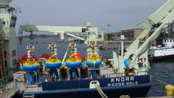 Submersible surface buoys stowed on Knorr for deployment at Pioneer Array.
