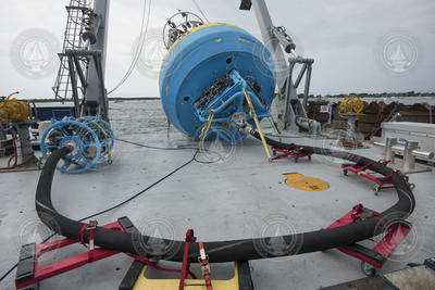 Surface buoy and its mooring cable stowed on the deck of Armstrong.