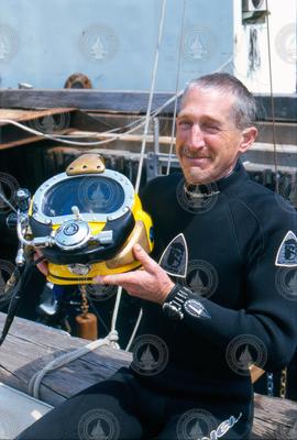 Steve Elgar with diving gear at the WHOI dock