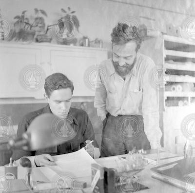 Columbus Iselin, Jr. and Fritz Fuglister in lab