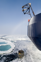 CTD suspended at sea surface off the stern of the icebreaker Oden.