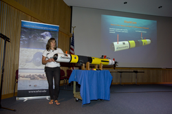 WHOI engineer Amy Kukulya giving her presentation on REMUS SharkCam.