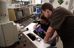 Mike Braun and Jessica Warren working in the lab.