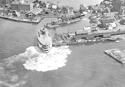 Aerial view of ferry dock and Dyer's dock with railroad terminal.