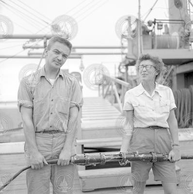 Dave Fahlquist and Betty Bunce on WHOI dock.