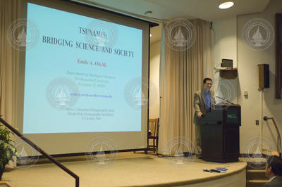 Dr. Jian Lin introducing Dr. Emile Okal at the Morss Tsunami workshop.