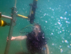 Diver Melissa Moulton holding onto a tripod leg in a rip current.