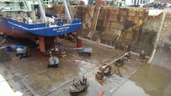 Stern view of R/V Neil Armstrong with propeller and drive shaft removed.