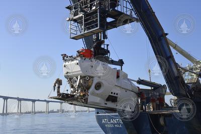 HOV Alvin suspended from A-frame during sea trials.