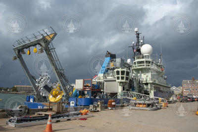 R/V Neil Armstrong at WHOI dock loaded with Pioneer Array equipment.