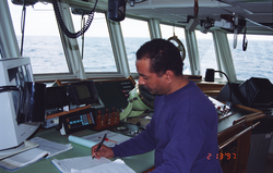 Diego Mello on the bridge of Oceanus