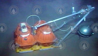Ocean bottom seismograph in place on the seafloor.