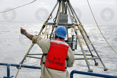 Boatswain Clindor Cacho working with multi-corer on Oceanus.