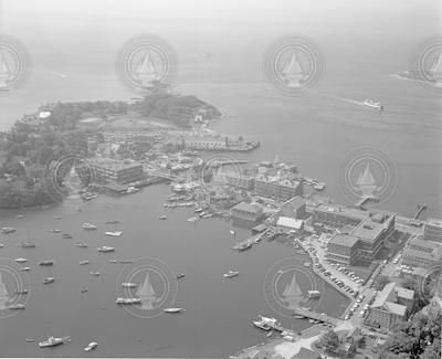 Aerial view of Woods Hole, including Eel Pond and WHOI dock