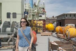 Amy Bower on the main deck of Knorr during OSNAP-OOI equipment load.