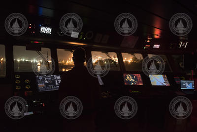 View of Panama Canal nighttime transit from the bridge of R/V Neil Armstrong.