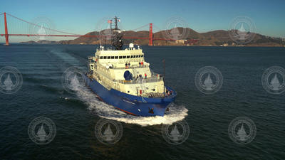 Aerial view of R/V Neil Armstrong as she transits into San Francisco Bay.