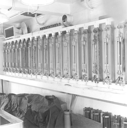 Instrumentation on lab wall below deck of Chain