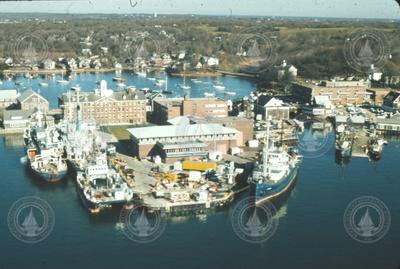 Aerial view of Woods Hole, dock area