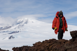Andrea Burke hiking around Mount Morning, Antarctica.
