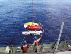 ABE (Autonomous Benthic Explorer) being deployed or recovered.