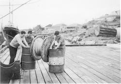 Three men on dock during Trade Wind cruise