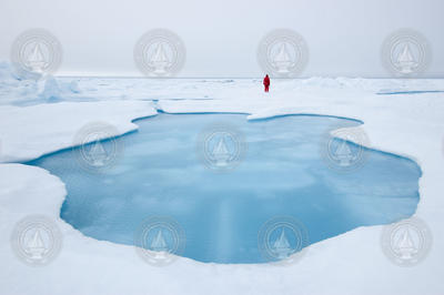 A large melt pond amid the Arctic ice.