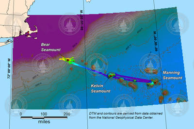 Chart showing multibeam sonar route along the NE seamounts.