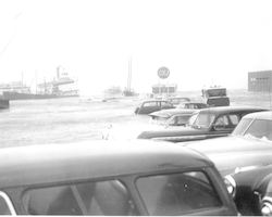 Hurricane Carol, scene at WHOI Dyer's dock, steamship at left.